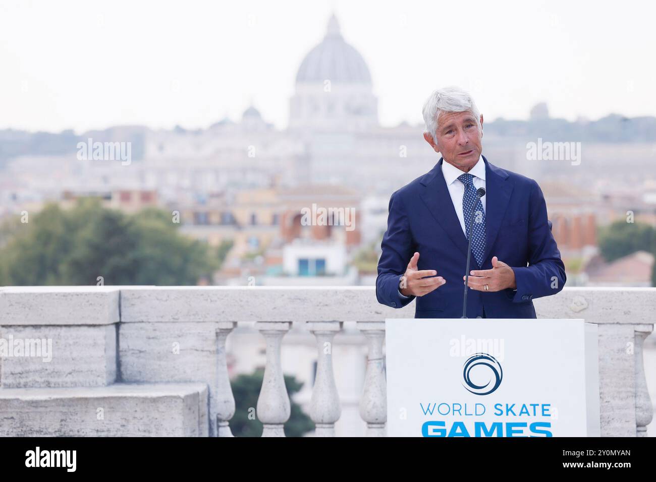 Roma, Italien. September 2024. Sulla Terrazza del Pincio la präsentazione World Skate Games Italia 2024 alla presenza del ministro Andrea Abodi Roma, Italia — Martedì 03 Settembre 2024 - Cronaca - (Foto di Cecilia Fabiano/LaPresse) auf der Pincio Terrace Präsentation der World Skate Games Italy 2024 in Anwesenheit von Ministerin Andrea Abodi Rome, Italien - Dienstag, 03. September, Italien - Laabiano Live News (Foto von Cronaca Presse: Cecilia, 03. August 2024 Stockfoto