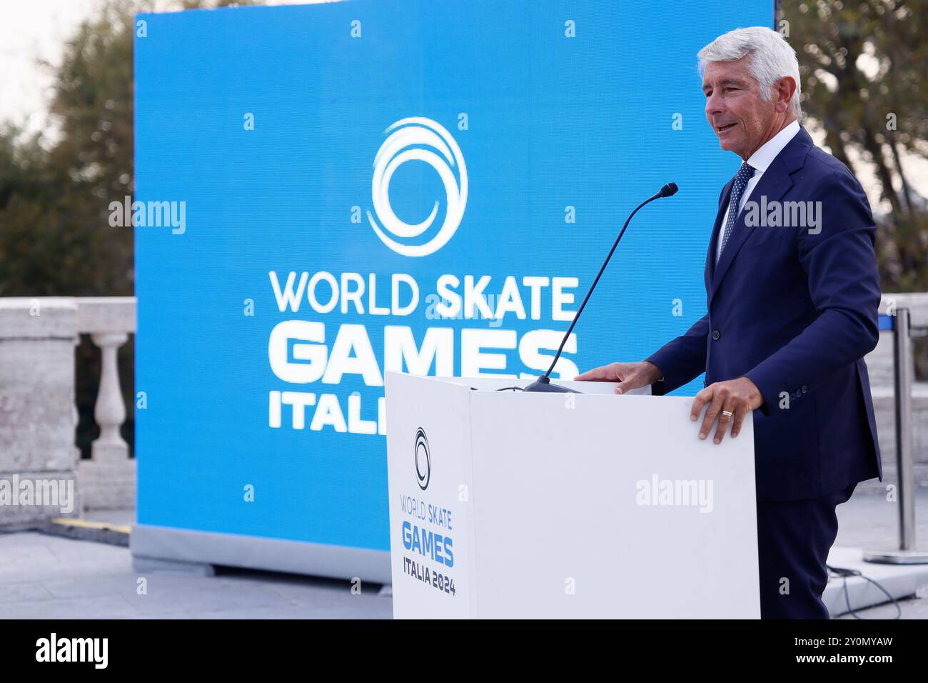 Roma, Italien. September 2024. Sulla Terrazza del Pincio la präsentazione World Skate Games Italia 2024 alla presenza del ministro Andrea Abodi Roma, Italia — Martedì 03 Settembre 2024 - Cronaca - (Foto di Cecilia Fabiano/LaPresse) auf der Pincio Terrace Präsentation der World Skate Games Italy 2024 in Anwesenheit von Ministerin Andrea Abodi Rome, Italien - Dienstag, 03. September, Italien - Laabiano Live News (Foto von Cronaca Presse: Cecilia, 03. August 2024 Stockfoto