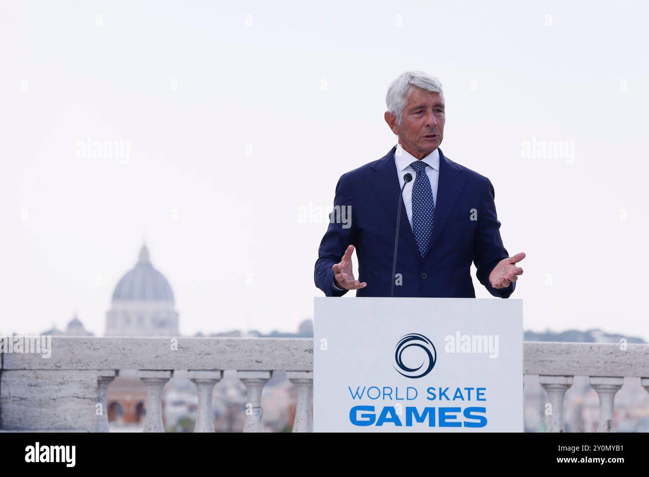 Roma, Italien. September 2024. Sulla Terrazza del Pincio la präsentazione World Skate Games Italia 2024 alla presenza del ministro Andrea Abodi Roma, Italia — Martedì 03 Settembre 2024 - Cronaca - (Foto di Cecilia Fabiano/LaPresse) auf der Pincio Terrace Präsentation der World Skate Games Italy 2024 in Anwesenheit von Ministerin Andrea Abodi Rome, Italien - Dienstag, 03. September, Italien - Laabiano Live News (Foto von Cronaca Presse: Cecilia, 03. August 2024 Stockfoto