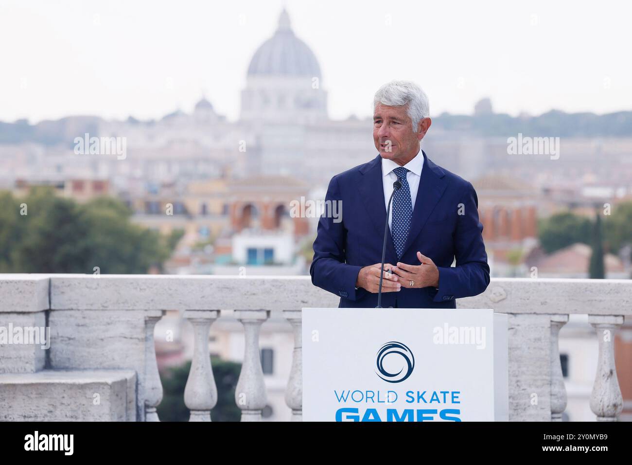 Roma, Italien. September 2024. Sulla Terrazza del Pincio la präsentazione World Skate Games Italia 2024 alla presenza del ministro Andrea Abodi Roma, Italia — Martedì 03 Settembre 2024 - Cronaca - (Foto di Cecilia Fabiano/LaPresse) auf der Pincio Terrace Präsentation der World Skate Games Italy 2024 in Anwesenheit von Ministerin Andrea Abodi Rome, Italien - Dienstag, 03. September, Italien - Laabiano Live News (Foto von Cronaca Presse: Cecilia, 03. August 2024 Stockfoto