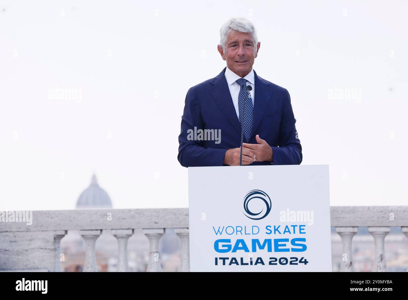 Roma, Italien. September 2024. Sulla Terrazza del Pincio la präsentazione World Skate Games Italia 2024 alla presenza del ministro Andrea Abodi Roma, Italia — Martedì 03 Settembre 2024 - Cronaca - (Foto di Cecilia Fabiano/LaPresse) auf der Pincio Terrace Präsentation der World Skate Games Italy 2024 in Anwesenheit von Ministerin Andrea Abodi Rome, Italien - Dienstag, 03. September, Italien - Laabiano Live News (Foto von Cronaca Presse: Cecilia, 03. August 2024 Stockfoto
