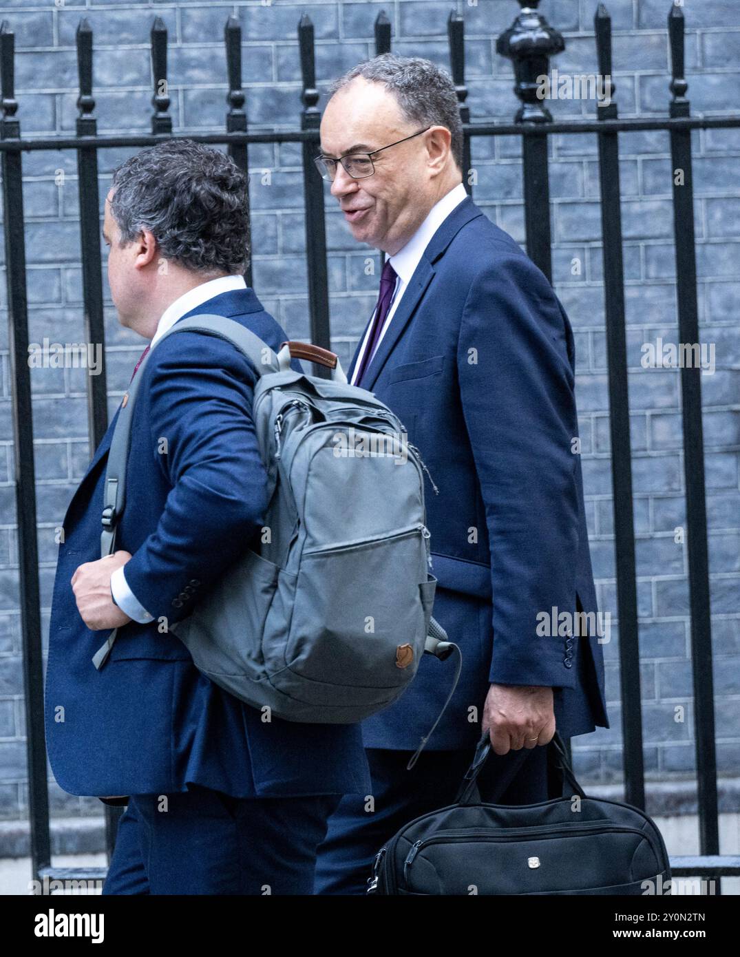 London, Großbritannien. September 2024. Die Business Chiefs treffen sich mit Angela Rayner, Levelling Up Secretary, und Jonathan Reynolds, Business Secretary, über Bedenken bezüglich des Pakets „Arbeiterrechte“ in der Downing Street London, dem britischen Gouverneur der Bank of England, Andrew Bailey, (rechts) Credit: Ian Davidson/Alamy Live News Stockfoto