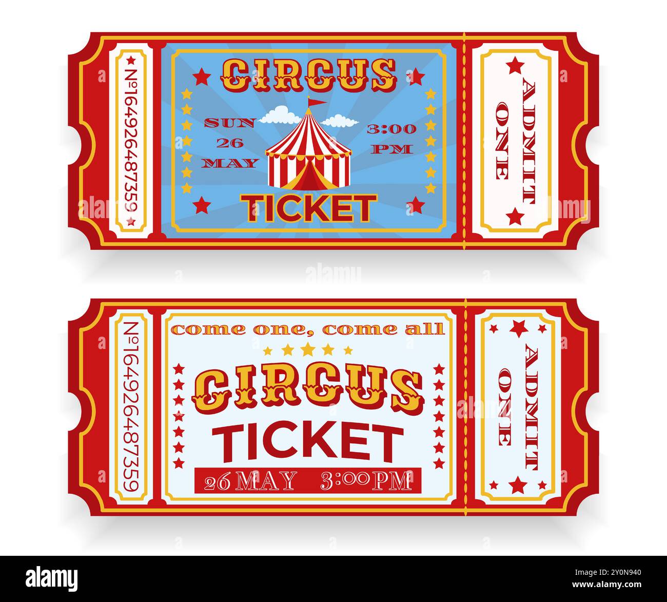 Zwei alte Karten für den Zirkus. Zirkuszelt, Sterne und dekorativer Text. Retro-Design mit Datum, Uhrzeit und Ticketnummer im klassischen Stil. Für den Einsatz im Auto Stock Vektor