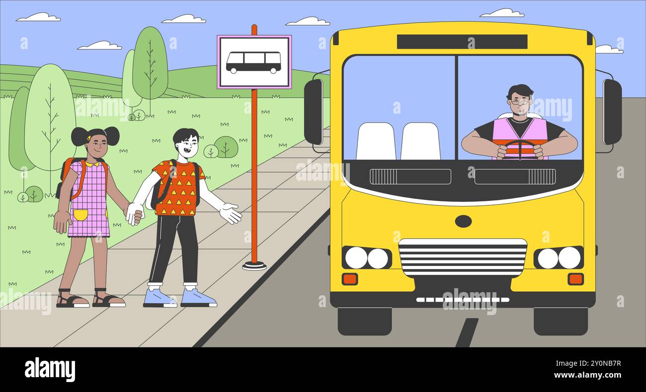 Diverse Kinder, die in den Schulbus steigen, Zeichentrickfilm flache Illustration Stock Vektor