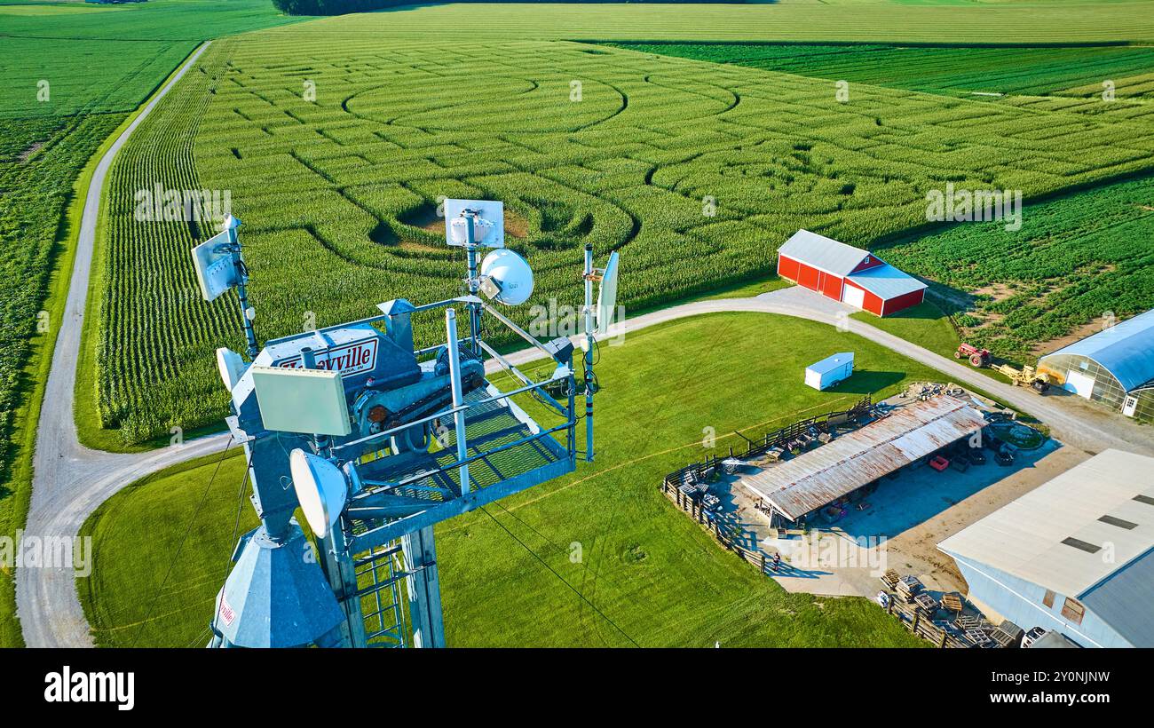 Luftaufnahme von Maislabyrinth und Red Barns auf American Farm Stockfoto