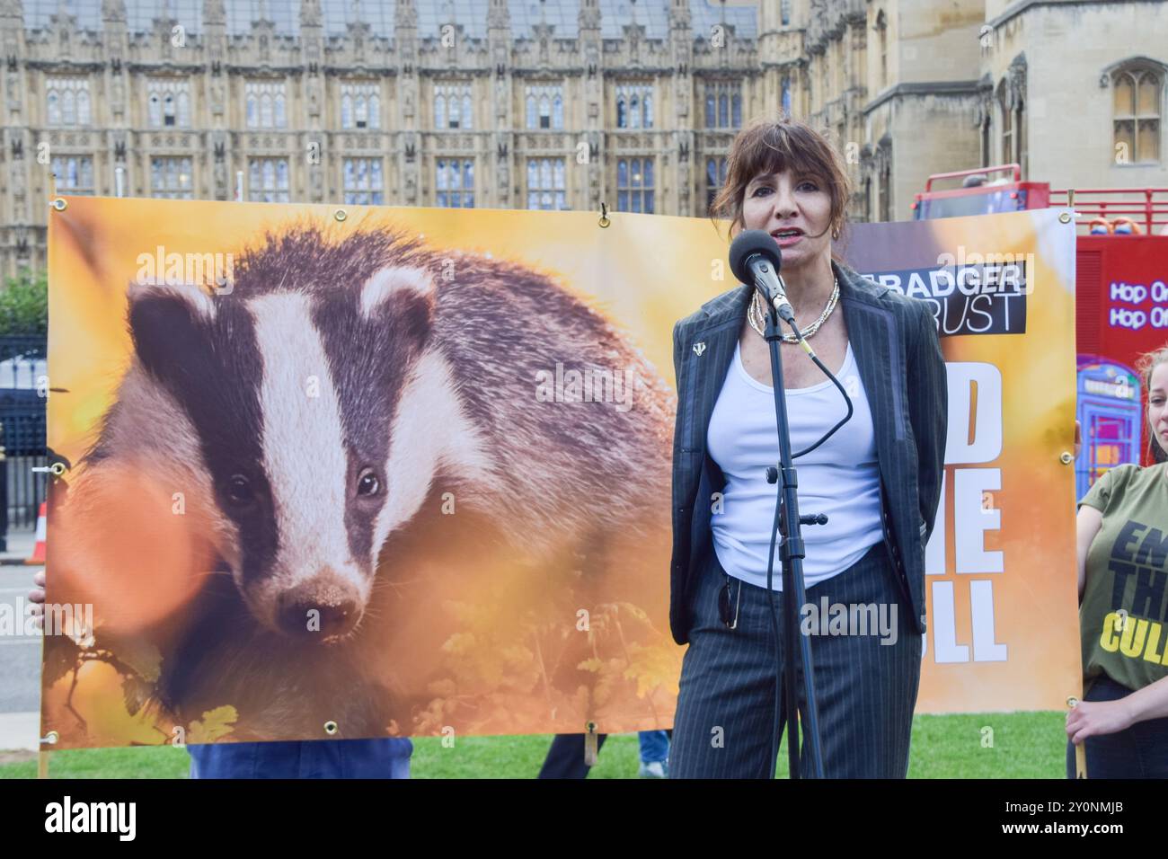 London, Großbritannien. September 2024. Rosie Wood, Vorsitzende des Dachs Trust, hält eine Rede, während Hunderte von Demonstranten auf dem Parlamentsplatz die Labour-Regierung auffordern, die Dachsschlachtung zu beenden, die viele Wissenschaftler, Tierärzte, Aktivisten und andere sagen, dass sie bei der Bekämpfung der Rindertuberkulose ineffektiv ist. Quelle: Vuk Valcic/Alamy Live News Stockfoto