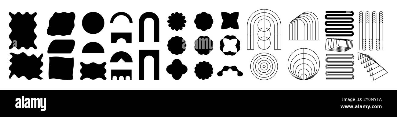 Diese Vektor-Illustration zeigt eine Sammlung von brutalistischen abstrakten geometrischen Formen und Gittern, einschließlich Sterne, ovale, Spiralen und Blumen Stock Vektor