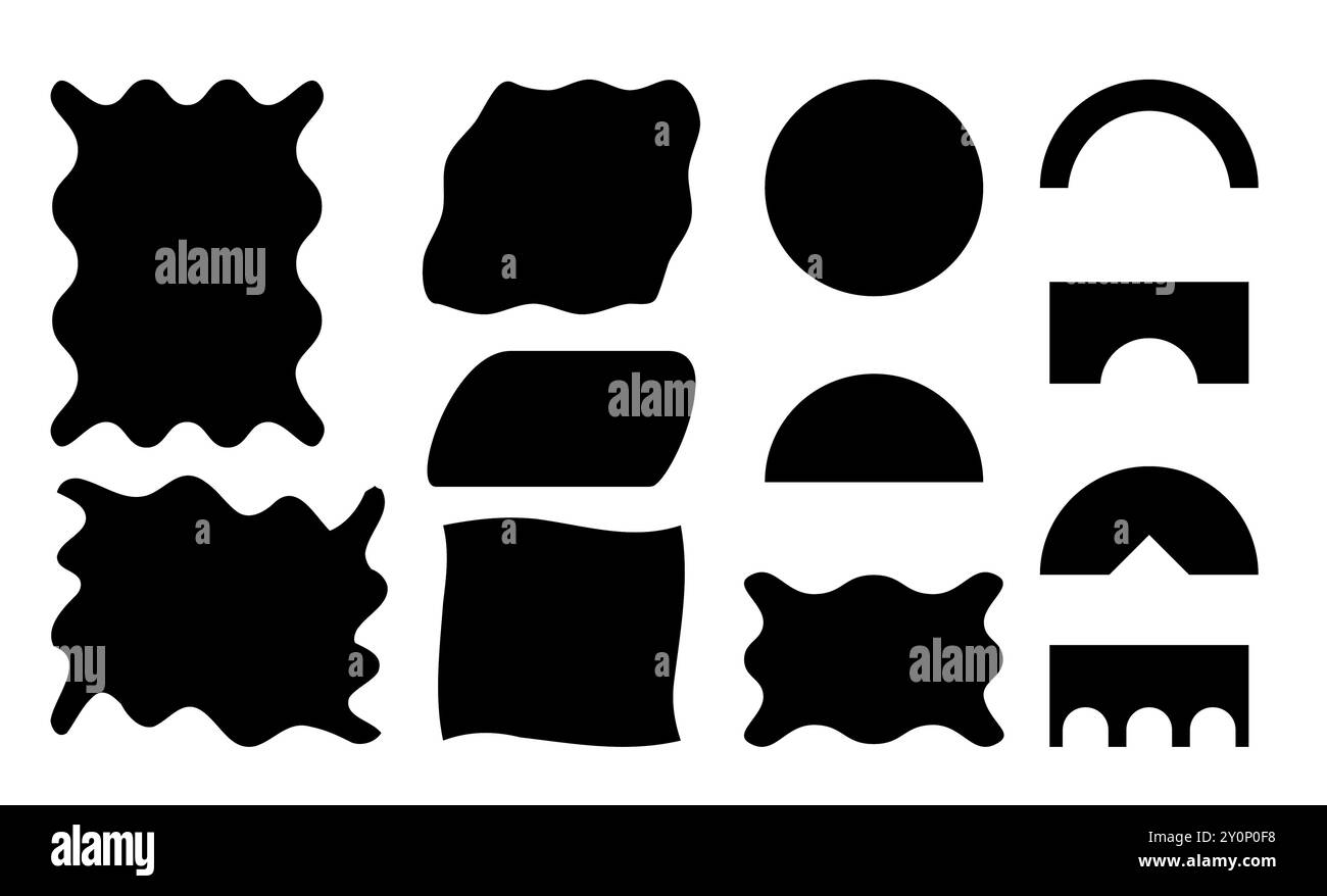 Diese Vektor-Illustration zeigt eine Sammlung von brutalistischen abstrakten geometrischen Formen und Gittern, einschließlich Sterne, ovale, Spiralen und Blumen Stock Vektor