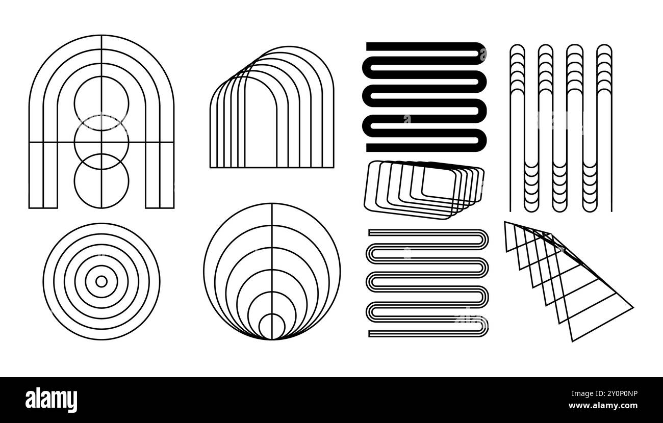 Diese Vektor-Illustration zeigt eine Sammlung von brutalistischen abstrakten geometrischen Formen und Gittern, einschließlich Sterne, ovale, Spiralen und Blumen Stock Vektor