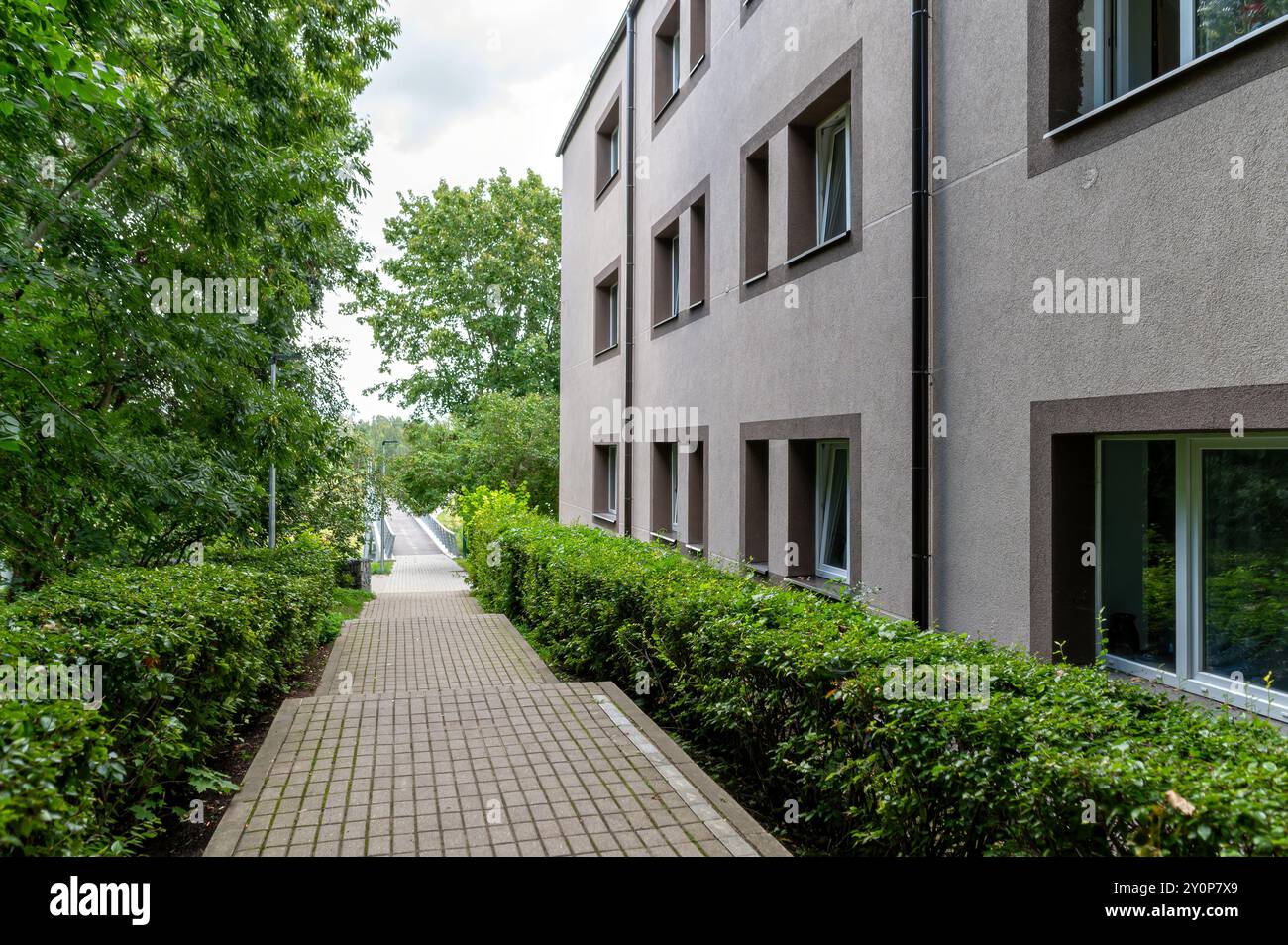 An einem bewölkten Tag ist ein friedlicher Fußweg umgeben von üppigem Grün und modernen Gebäuden. Stockfoto