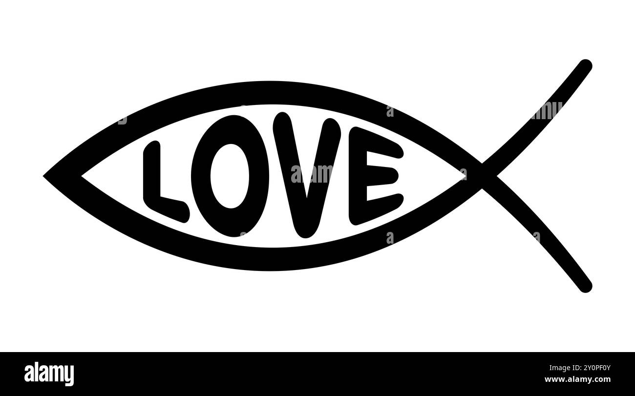 Jesus-Fischsymbol mit dem Wort LIEBE in Großbuchstaben. Zeichen des Fisches, ein Symbol des frühen Christentums, bestehend aus zwei sich kreuzenden Bögen. Stockfoto