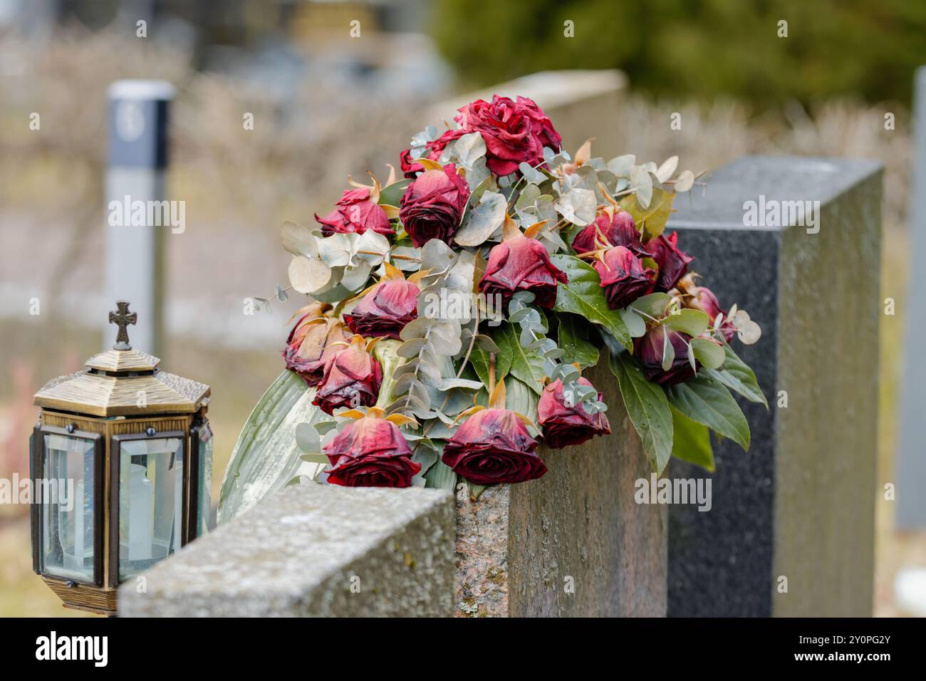 Schöne Grabblumen auf dem Friedhof. Verwandte wollen sich mit Blumen an die Verstorbenen erinnern. Ein wunderschöner Blumenstrauß tröstet trauernde Verwandte. Stockfoto