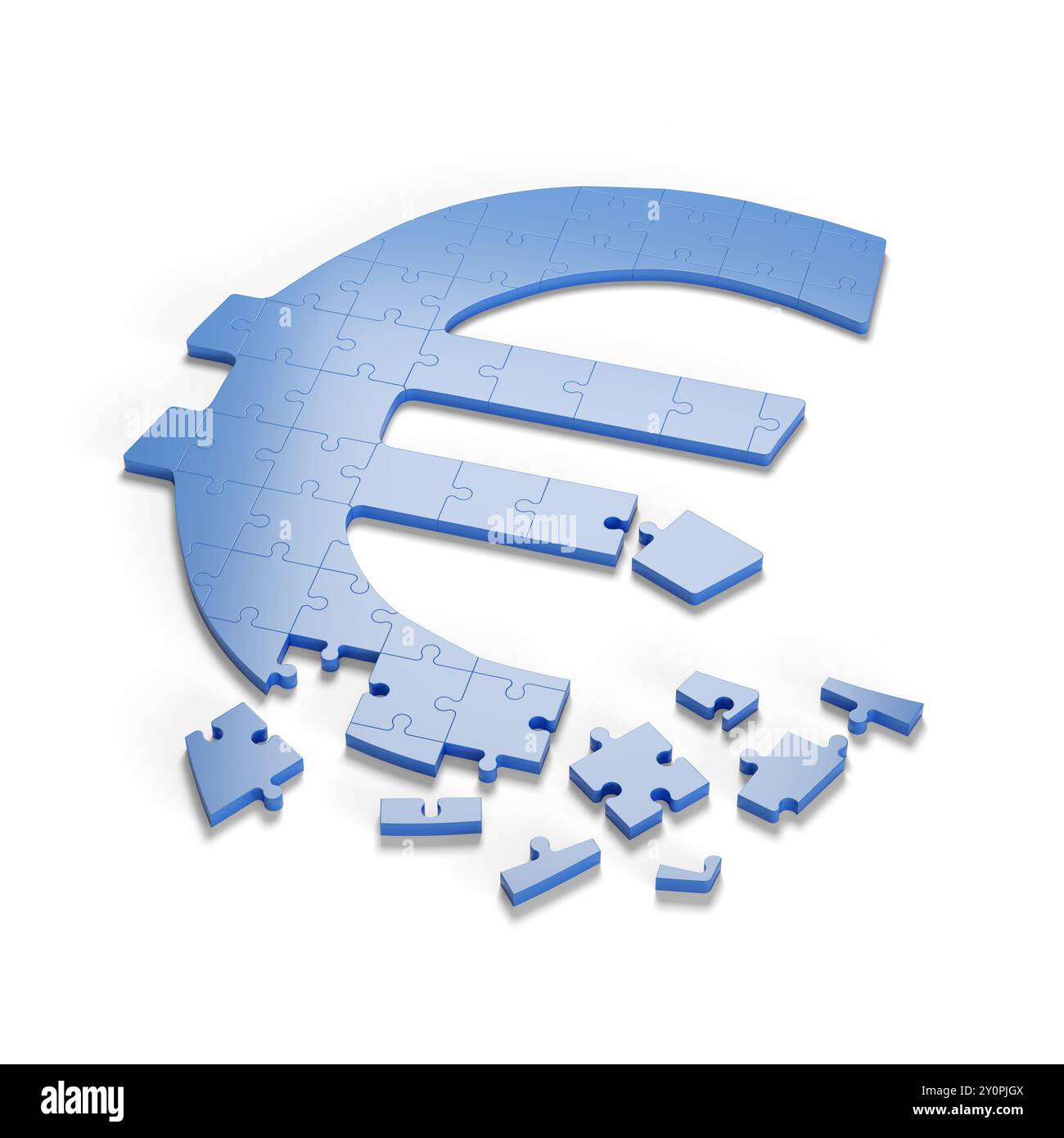 Blaues Puzzle in Form eines Euro-Zeichens isoliert auf weißem Hintergrund. 3D-Abbildung. Stockfoto