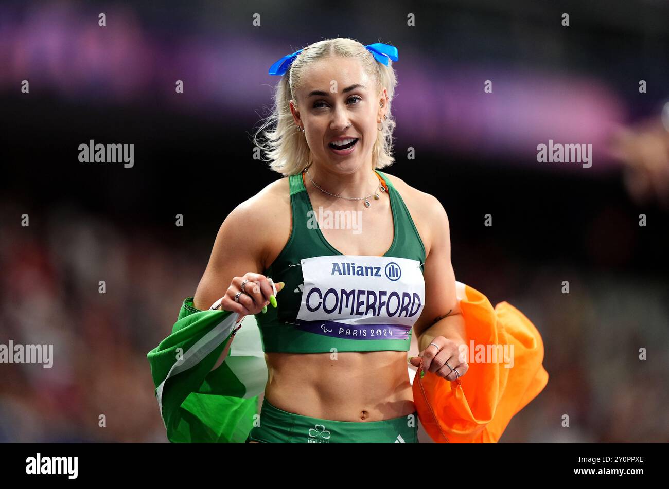 Irlands Orla Comerford gewann Bronze im 100-m-T13-Finale der Frauen während der Para Athletics im Stade de France am sechsten Tag der Paralympischen Sommerspiele 2024. Bilddatum: Dienstag, 3. September 2024. Stockfoto