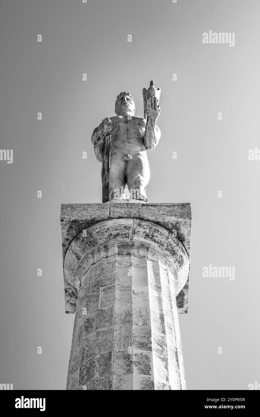 Das Victor Monument steht hoch auf einem Steinsockel der Kalemegdan-Festung und symbolisiert den Sieg mit einer Statue eines Mannes, der ein Schwert und einen Falken über der Stadt Belgrad hält. Stockfoto