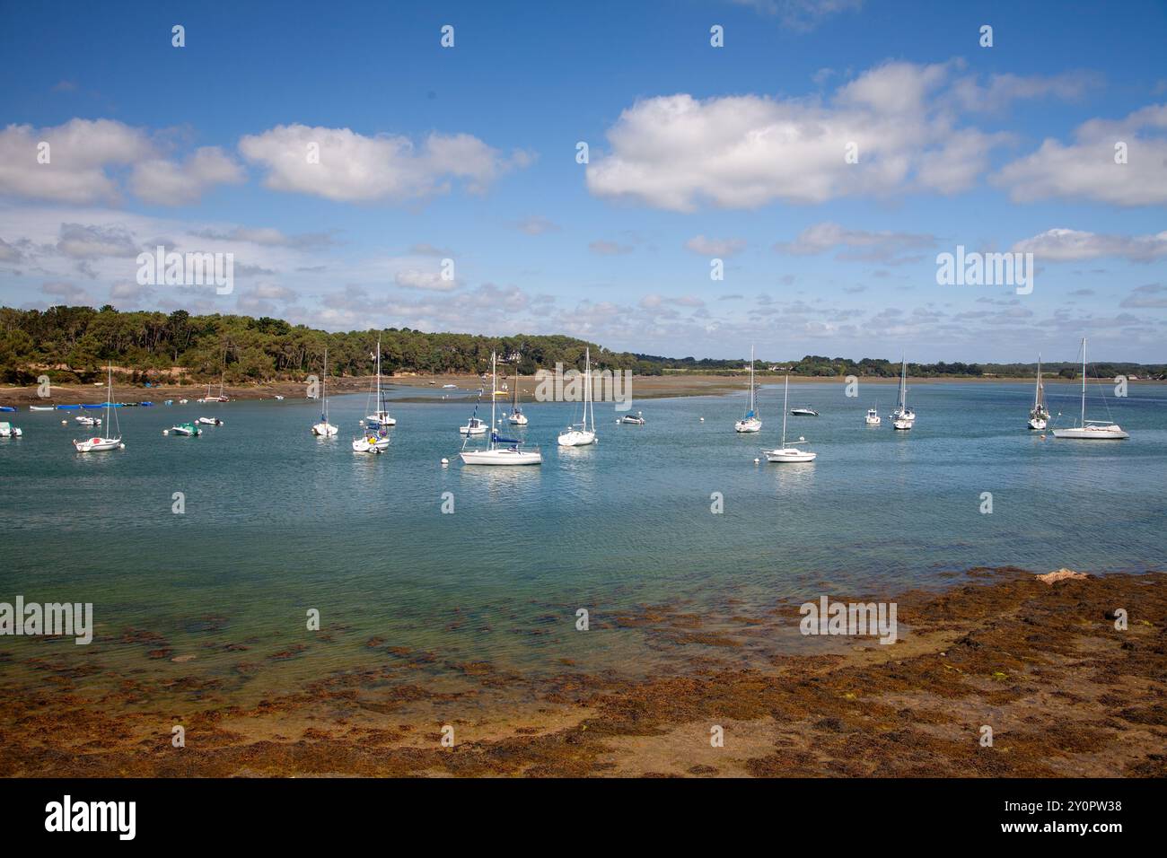 Boote am Anchor vor Les Sept Iles, in der Nähe von Baden, Golf von Morbihan, Bretagne, Frankreich Stockfoto