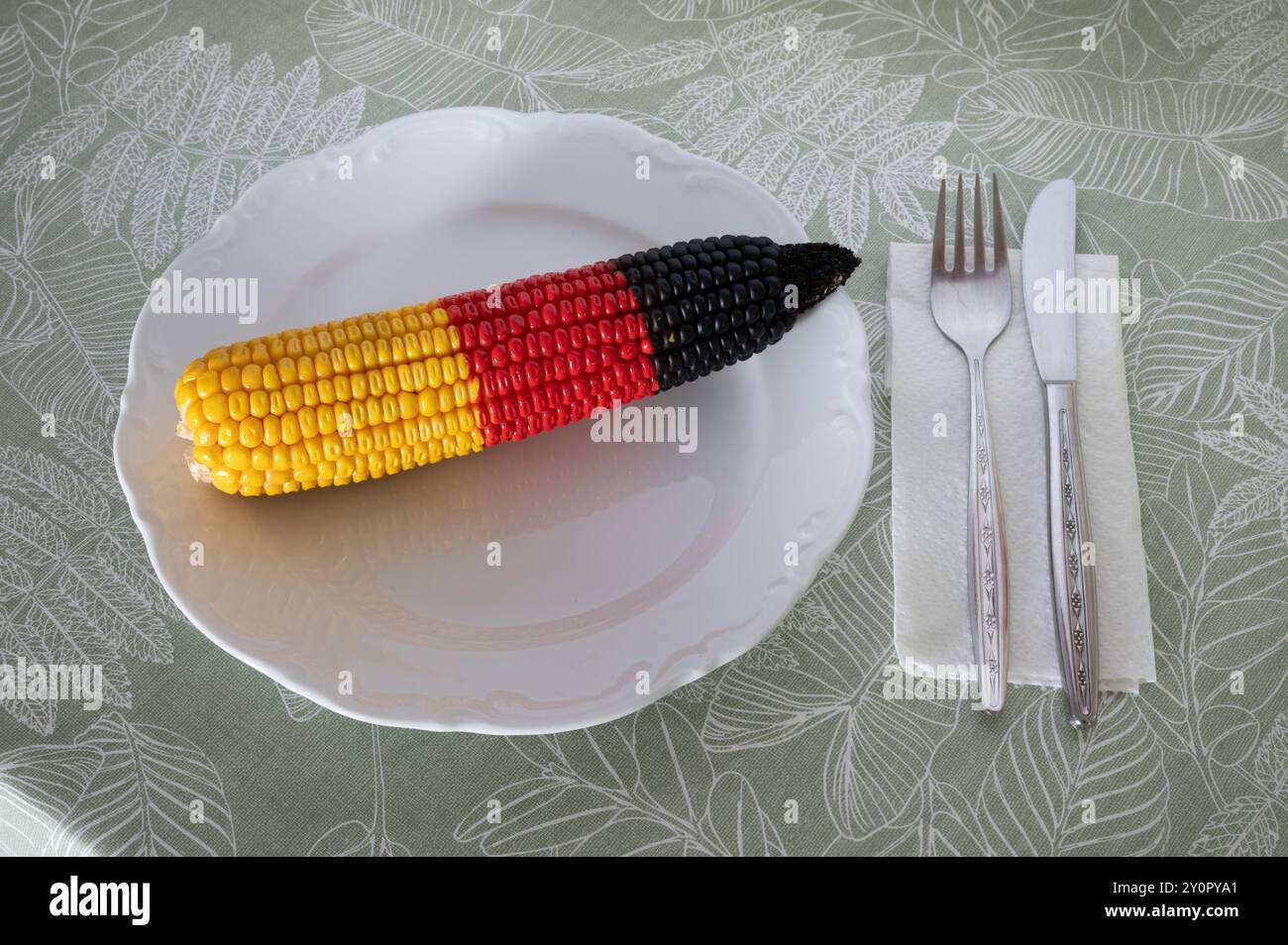 Mais auf dem Kolben, Mais (Zea mays) in den Farben der deutschen Nationalflagge, schwarz, rot, Gold auf einem Teller Stockfoto