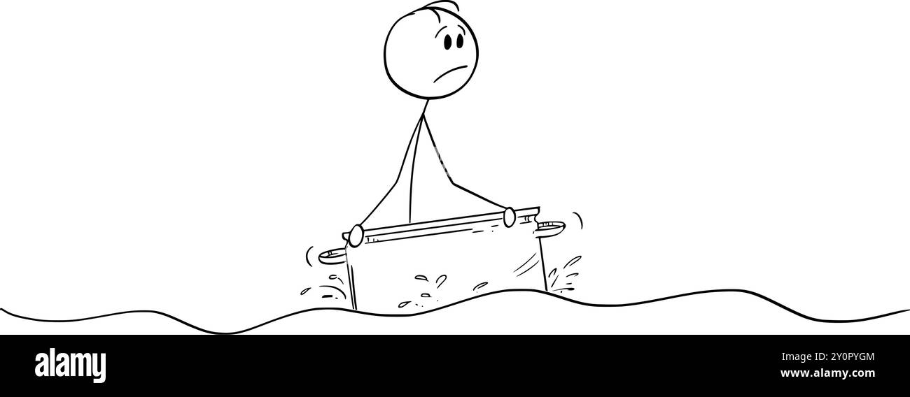 Unglückliche Person, die auf dem Küchentisch schwimmt, Vektor-Zeichentrickstab-Figur oder Charakterillustration. Stock Vektor