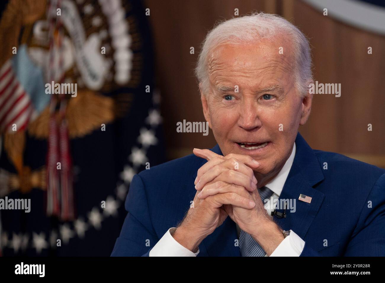 Washington, Usa. September 2024. US-Präsident Joe Biden kommentiert am Dienstag, den 3. September 2024 bei der Auftaktveranstaltung der Investing in America Content Series im South Court Auditorium in Washington, DC. Foto: Chris Kleponis/UPI Credit: UPI/Alamy Live News Stockfoto