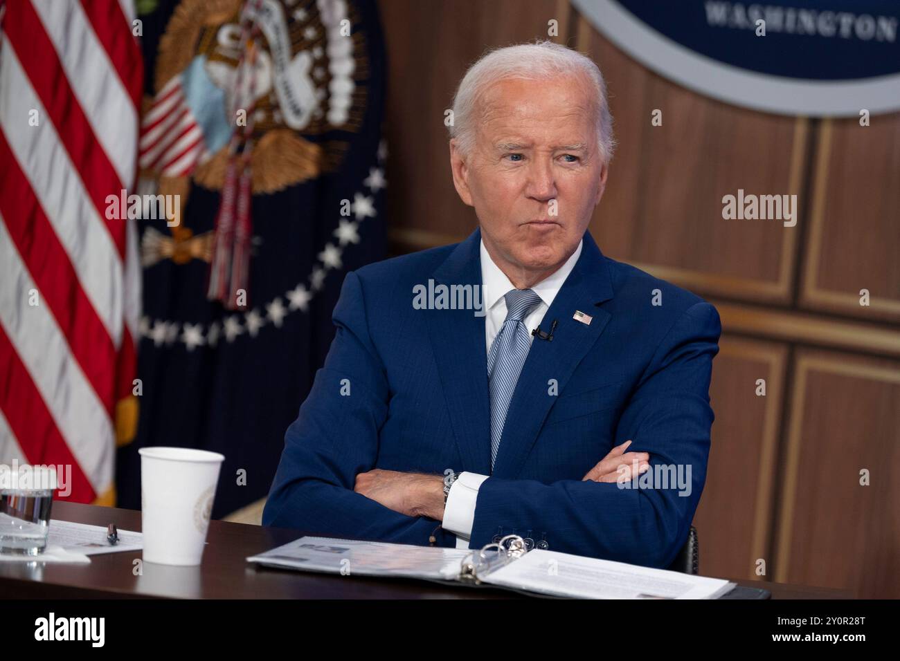 Washington, Usa. September 2024. US-Präsident Joe Biden kommentiert am Dienstag, den 3. September 2024 bei der Auftaktveranstaltung der Investing in America Content Series im South Court Auditorium in Washington, DC. Foto: Chris Kleponis/UPI Credit: UPI/Alamy Live News Stockfoto