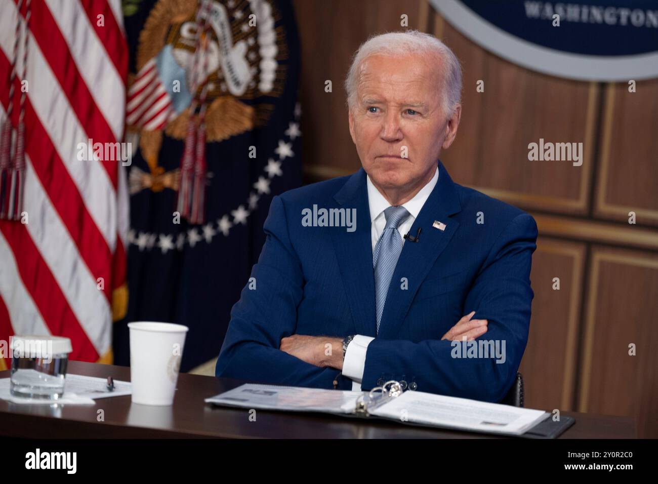 Washington, Usa. September 2024. US-Präsident Joe Biden kommentiert am Dienstag, den 3. September 2024 bei der Auftaktveranstaltung der Investing in America Content Series im South Court Auditorium in Washington, DC. Foto: Chris Kleponis/UPI Credit: UPI/Alamy Live News Stockfoto