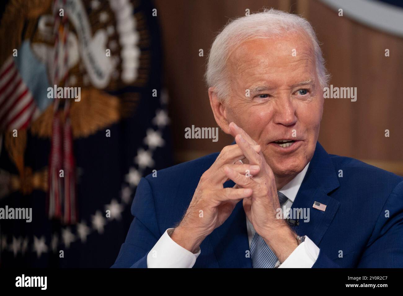 Washington, Usa. September 2024. US-Präsident Joe Biden kommentiert am Dienstag, den 3. September 2024 bei der Auftaktveranstaltung der Investing in America Content Series im South Court Auditorium in Washington, DC. Foto: Chris Kleponis/UPI Credit: UPI/Alamy Live News Stockfoto