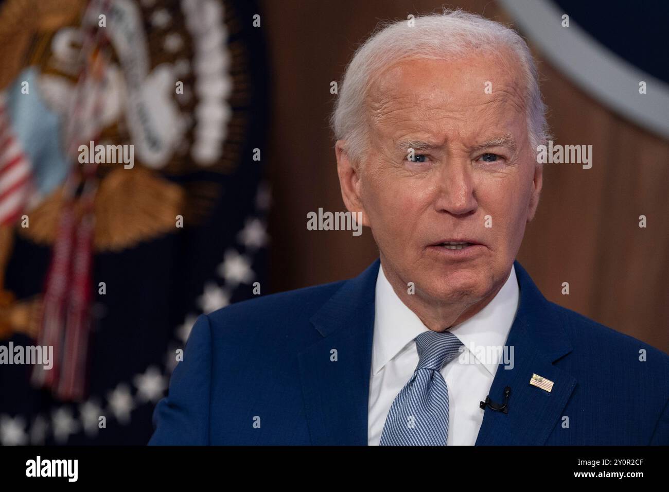 Washington, Usa. September 2024. US-Präsident Joe Biden kommentiert am Dienstag, den 3. September 2024 bei der Auftaktveranstaltung der Investing in America Content Series im South Court Auditorium in Washington, DC. Foto: Chris Kleponis/UPI Credit: UPI/Alamy Live News Stockfoto
