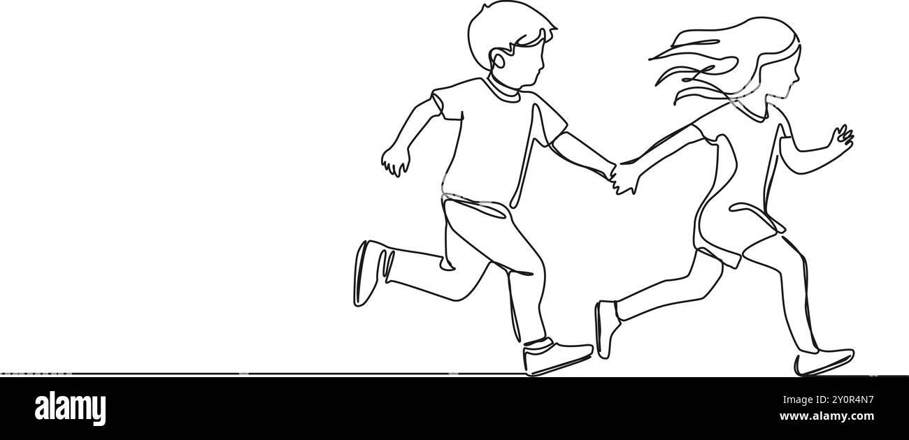 Ununterbrochene einzeilige Zeichnung von Jungen und Mädchen, die Hand in Hand laufen, Linie Kunst Vektor Illustration Stock Vektor
