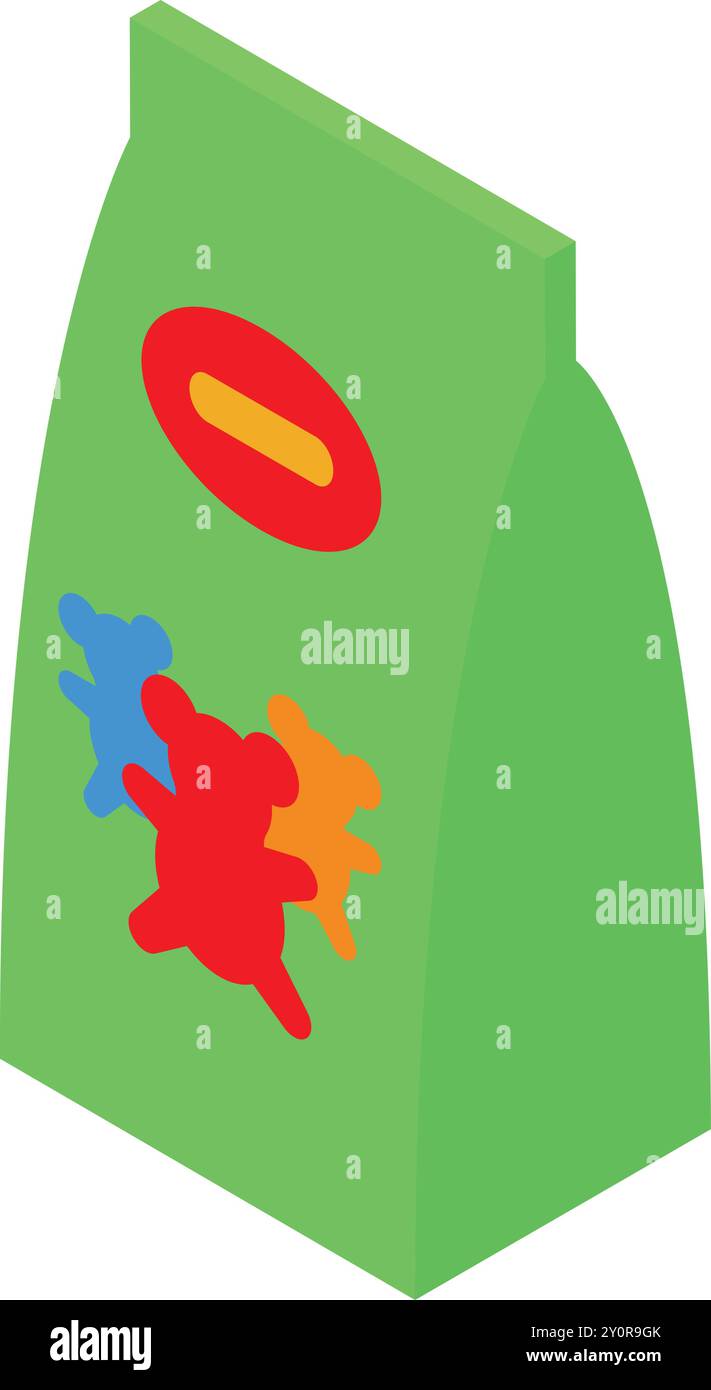 Grüne Folienbeutel mit Gummibärenverpackung stehend, Seitenansicht Stock Vektor