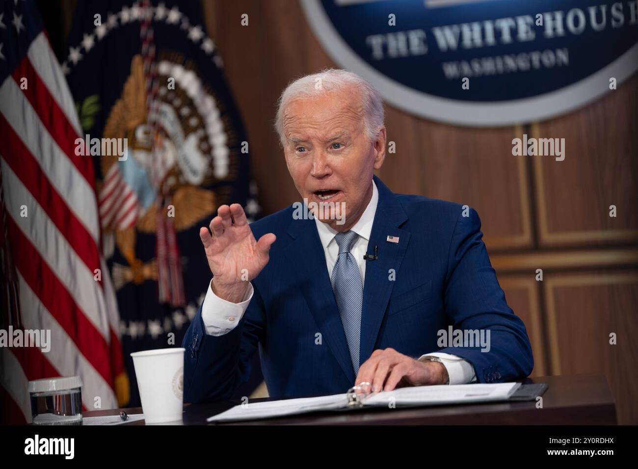 US-Präsident Joe Biden kommentiert die Auftaktveranstaltung der Content-Serie Investing in America im South Court Auditorium in Washington, DC, am 3. September 2024. Kredit: Chris Kleponis/Pool über CNP/MediaPunch Stockfoto