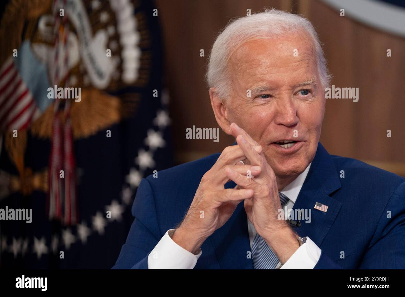 US-Präsident Joe Biden kommentiert die Auftaktveranstaltung der Content-Serie Investing in America im South Court Auditorium in Washington, DC, am 3. September 2024. Kredit: Chris Kleponis/Pool über CNP/MediaPunch Stockfoto