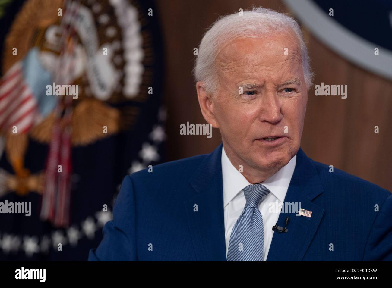 US-Präsident Joe Biden kommentiert die Auftaktveranstaltung der Content-Serie Investing in America im South Court Auditorium in Washington, DC, am 3. September 2024. Kredit: Chris Kleponis/Pool über CNP/MediaPunch Stockfoto