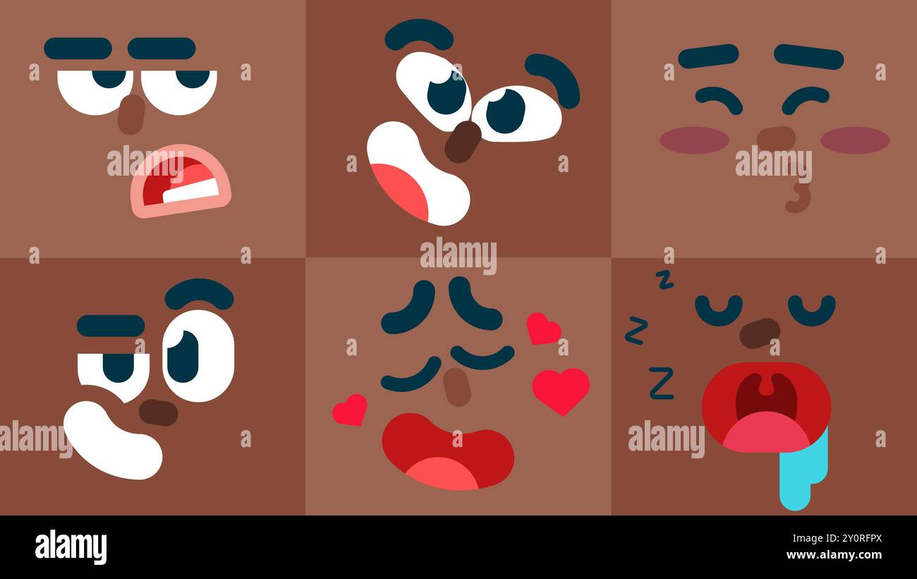 Set aus bunten Emoticons, Liebe, Lachen, gelangweilt, selbstbewusst, schlafend, Kuss Charakter Gesichtsausdrücke, Sammlung isolierter Emoji Vektor Stock Vektor