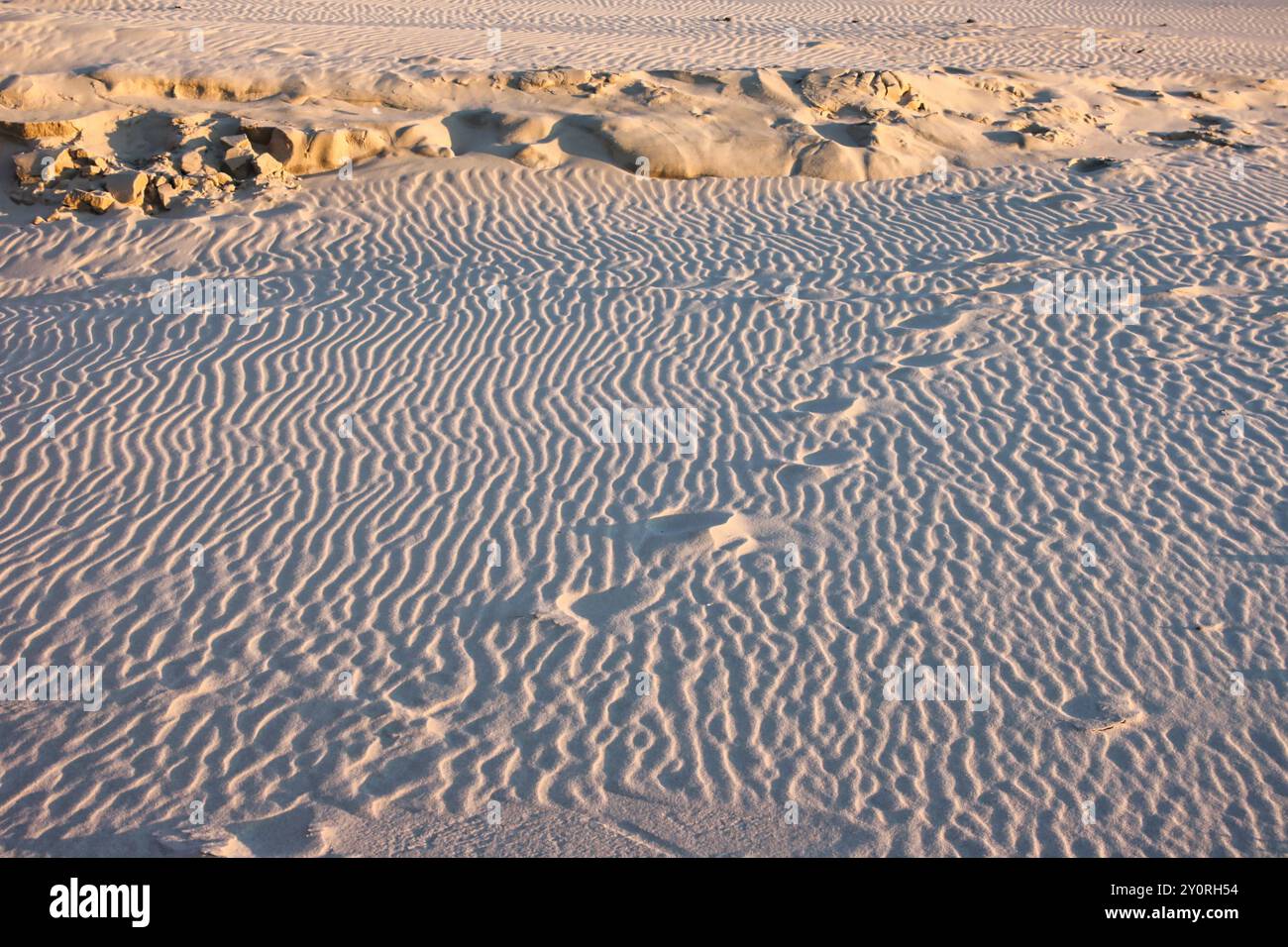 Fußabdrücke und Gezeitenstrukturen schmücken den ruhigen, einsamen Strand der niederländischen Nordseeküste im letzten Licht des Abends, minimalistisch. Domburg Stockfoto