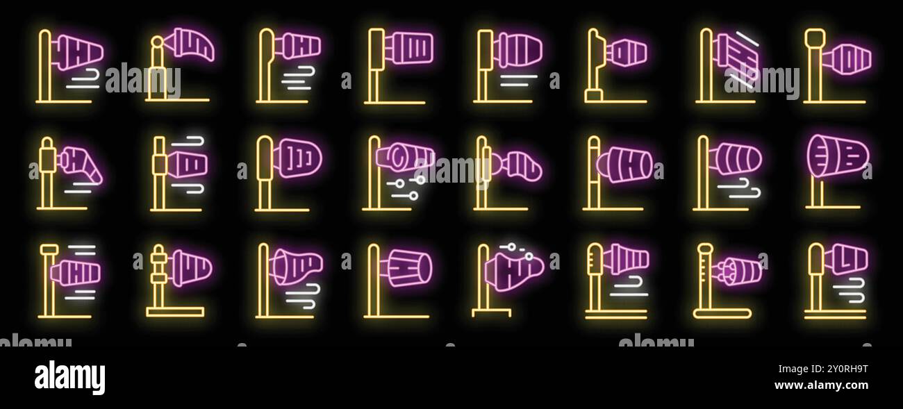 Leuchtende Neonsymbole von Windsocken, wichtige Ausrüstung für Luftfahrt und Meteorologie, Darstellung der Windverhältnisse Stock Vektor