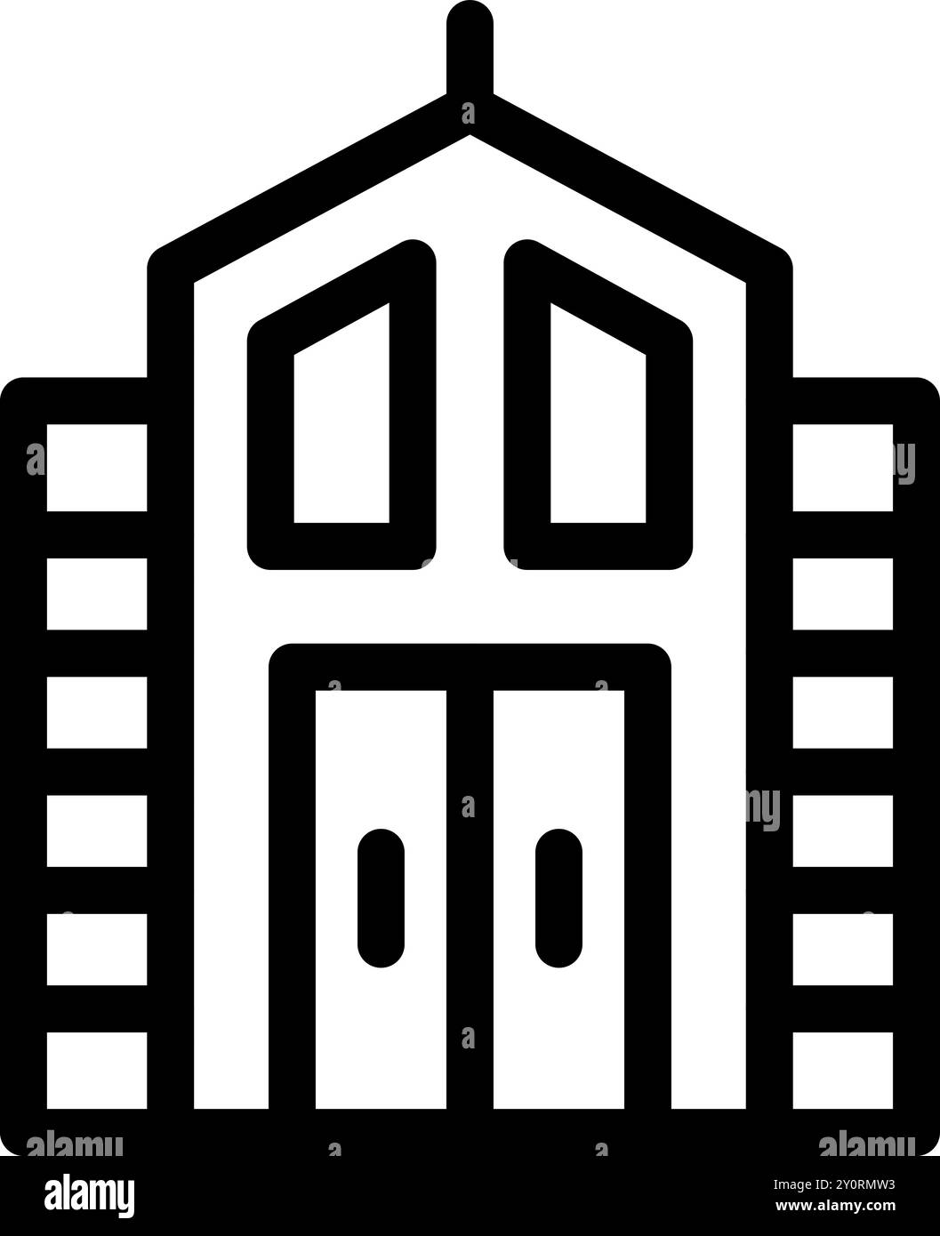 Minimalistische Vektor-Illustration einer kleinen Kirchengebäude Fassade mit großen Holztüren und Fenstern Stock Vektor