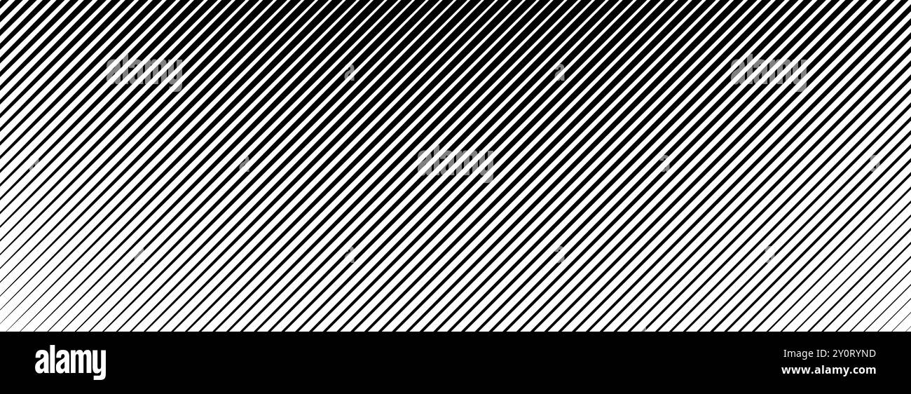 Neigungslinie, Halbtonabstufung. Verblichener diagonaler Streifen-Verlaufshintergrund. Hintergrund des schrägen Vektormusters. Schwarze, dünne, parallele Tapete für Überlagerung, Druck, Umschlag und Grafikdesign Stock Vektor