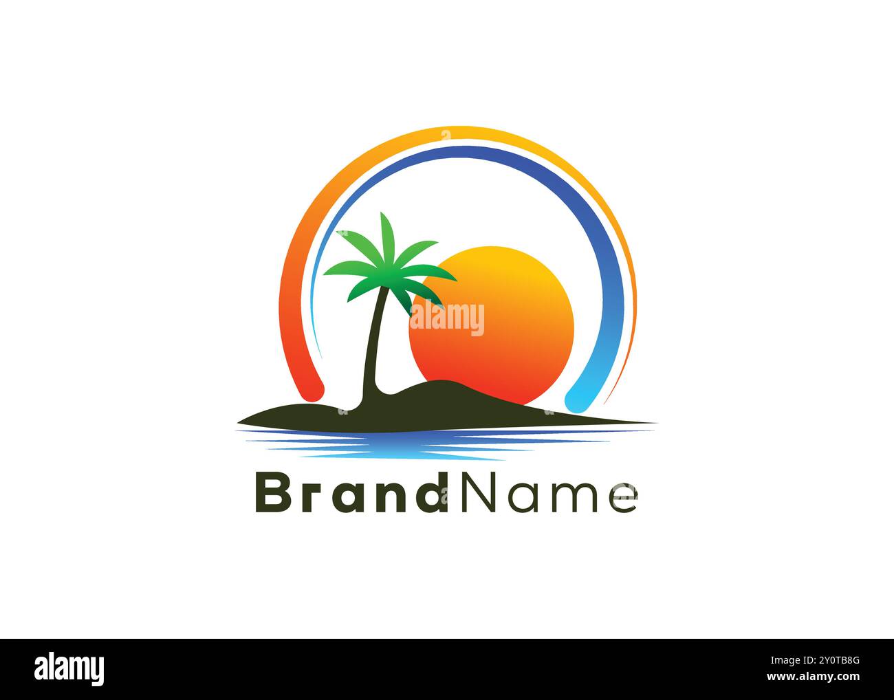 Minimalistisches Sommerstrand-Logo. Moderne Palme mit Kokospalmen und Strandlogo. Sommerferien, Sunset Logo, Urlaubslogo, Summer Beach Stock Vektor