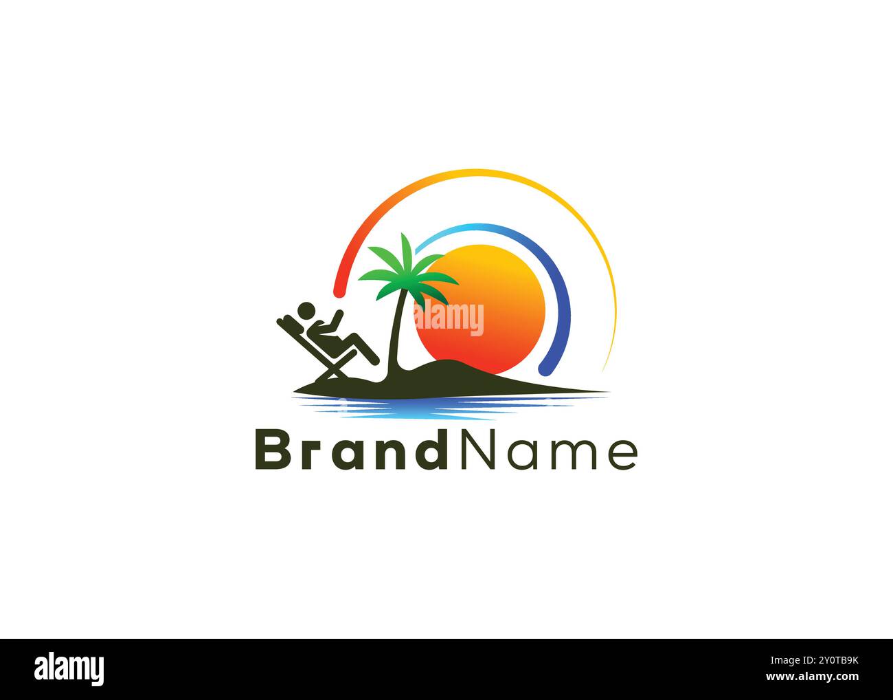 Minimalistisches Sommerstrand-Logo. Moderne Palme mit Kokospalmen und Strandlogo. Sommerferien, Sunset Logo, Urlaubslogo, Summer Beach Stock Vektor