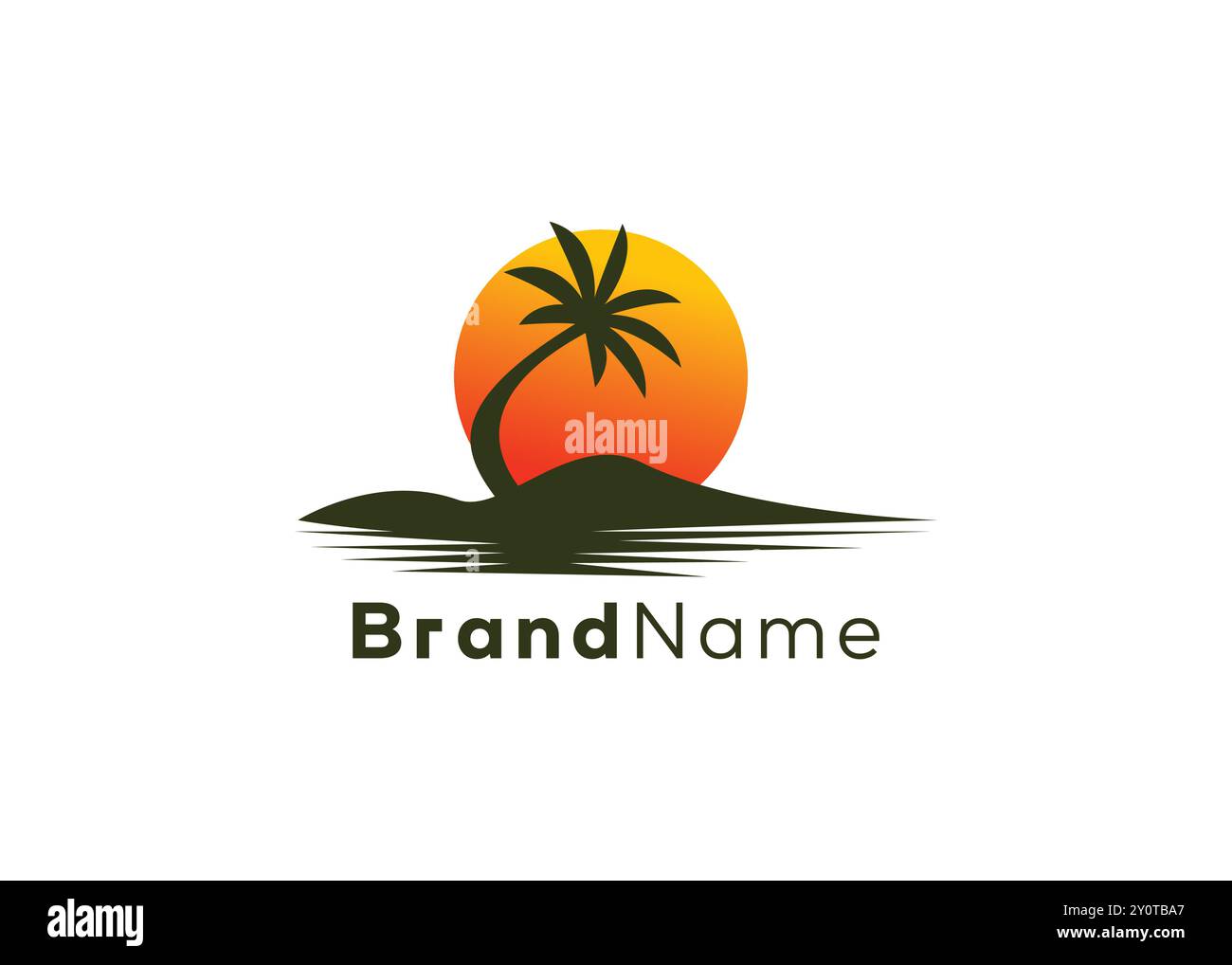 Minimalistisches Sommerstrand-Logo. Moderne Palme mit Kokospalmen und Strandlogo. Sommerferien, Sunset Logo, Urlaubslogo, Summer Beach Stock Vektor
