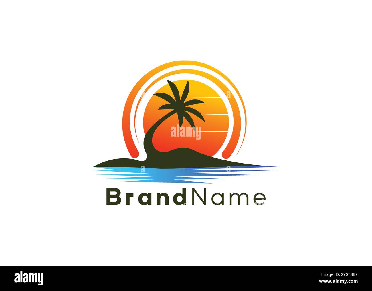 Minimalistisches Sommerstrand-Logo. Moderne Palme mit Kokospalmen und Strandlogo. Sommerferien, Sunset Logo, Urlaubslogo, Summer Beach Stock Vektor