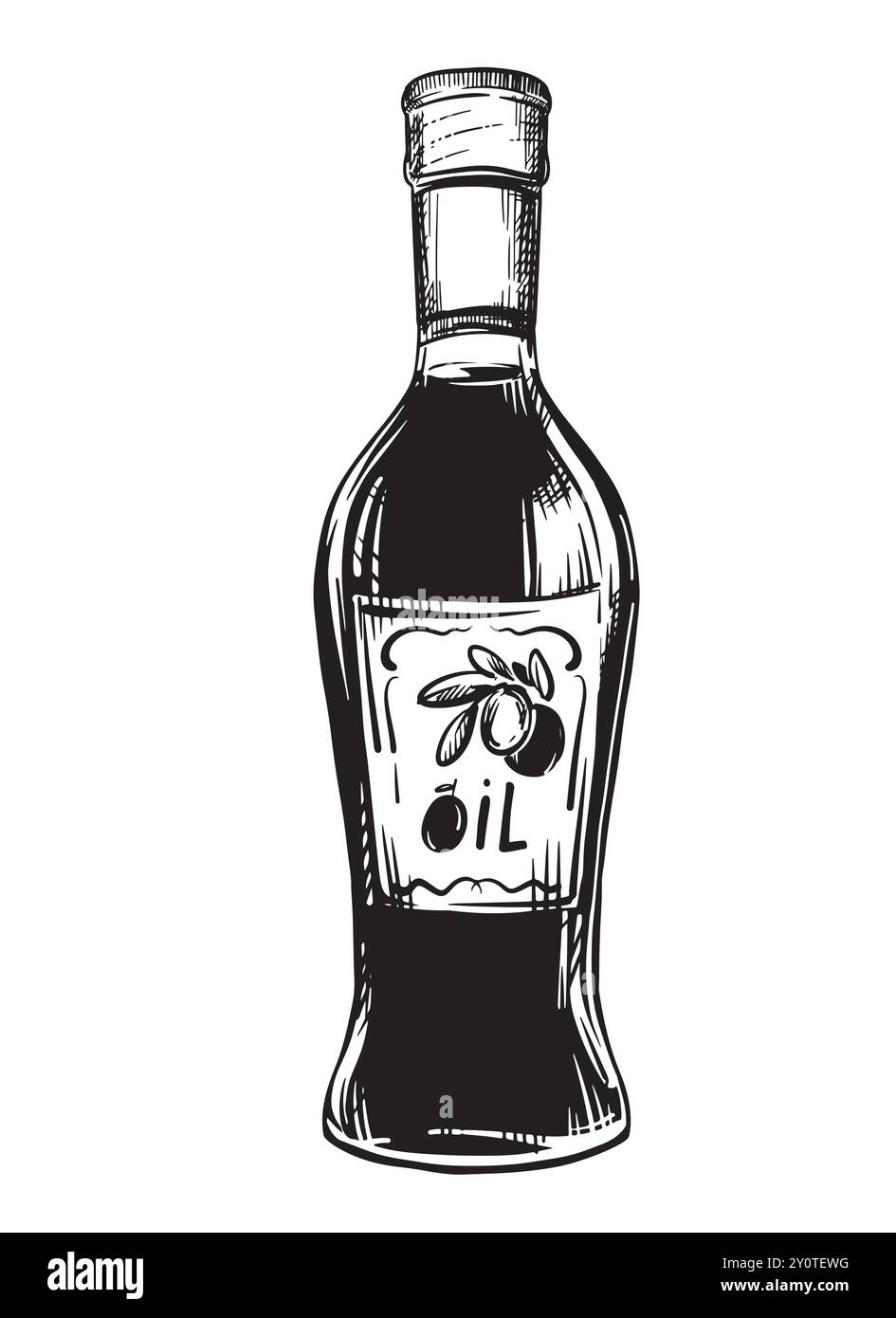 Olivenölflasche isoliert auf weißem Hintergrund. Vektorskizze, Vintage-Handgravur. Handgezogene Tuschezeichnung einer Flasche. Line Art für Menü, Design, l Stock Vektor