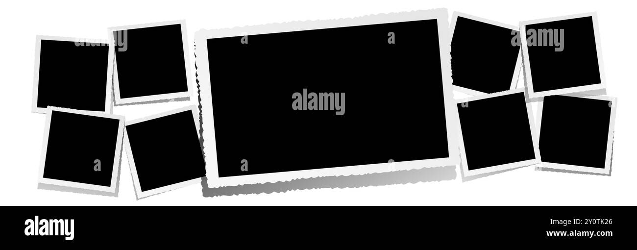Eine Reihe von acht quadratischen und einem horizontalen leeren Bilderrahmen auf weißem Hintergrund wartet darauf, mit Erinnerungen, Teamarbeit und Teamarbeit gefüllt zu werden Stock Vektor