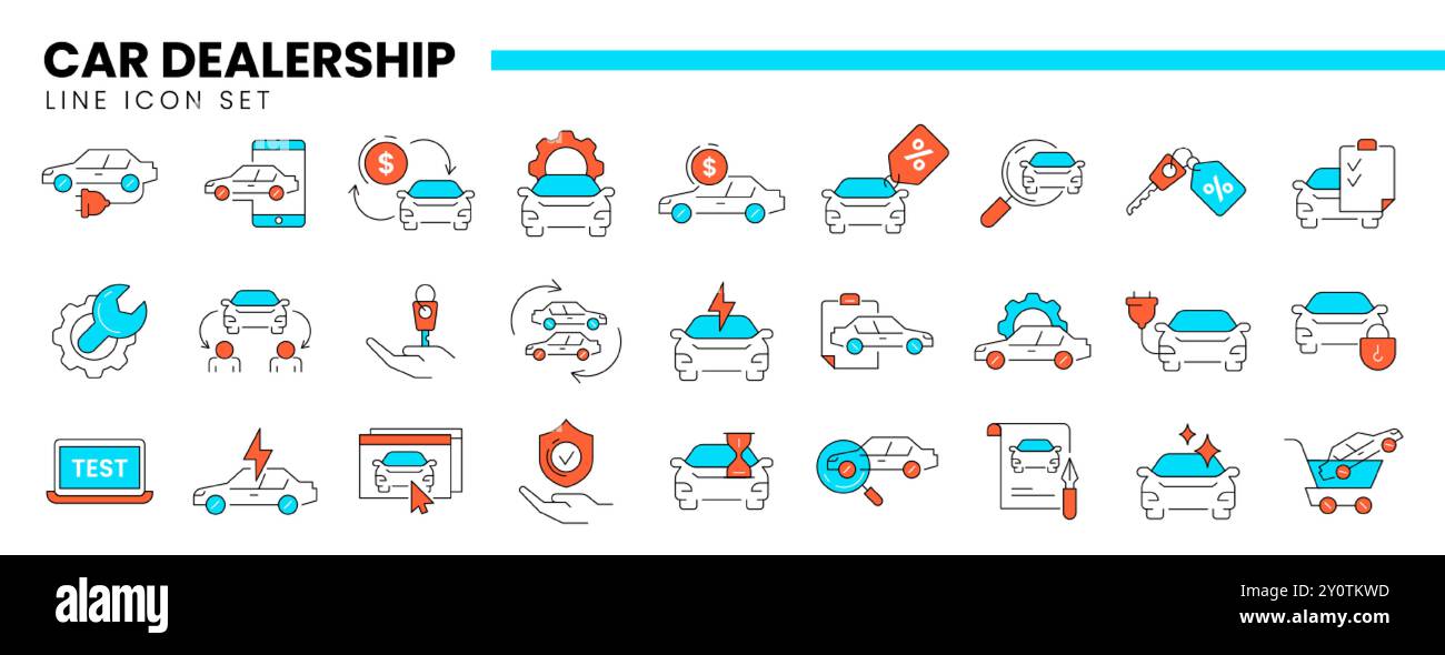 Dünne Linien des Autohändlers, der Automobilindustrie, des Autohändlers oder des Autohändlers. Lineare Symbole für Reparatur, Wartung, Transportversicherung, Austausch oder Kauf neuer Autos Stock Vektor