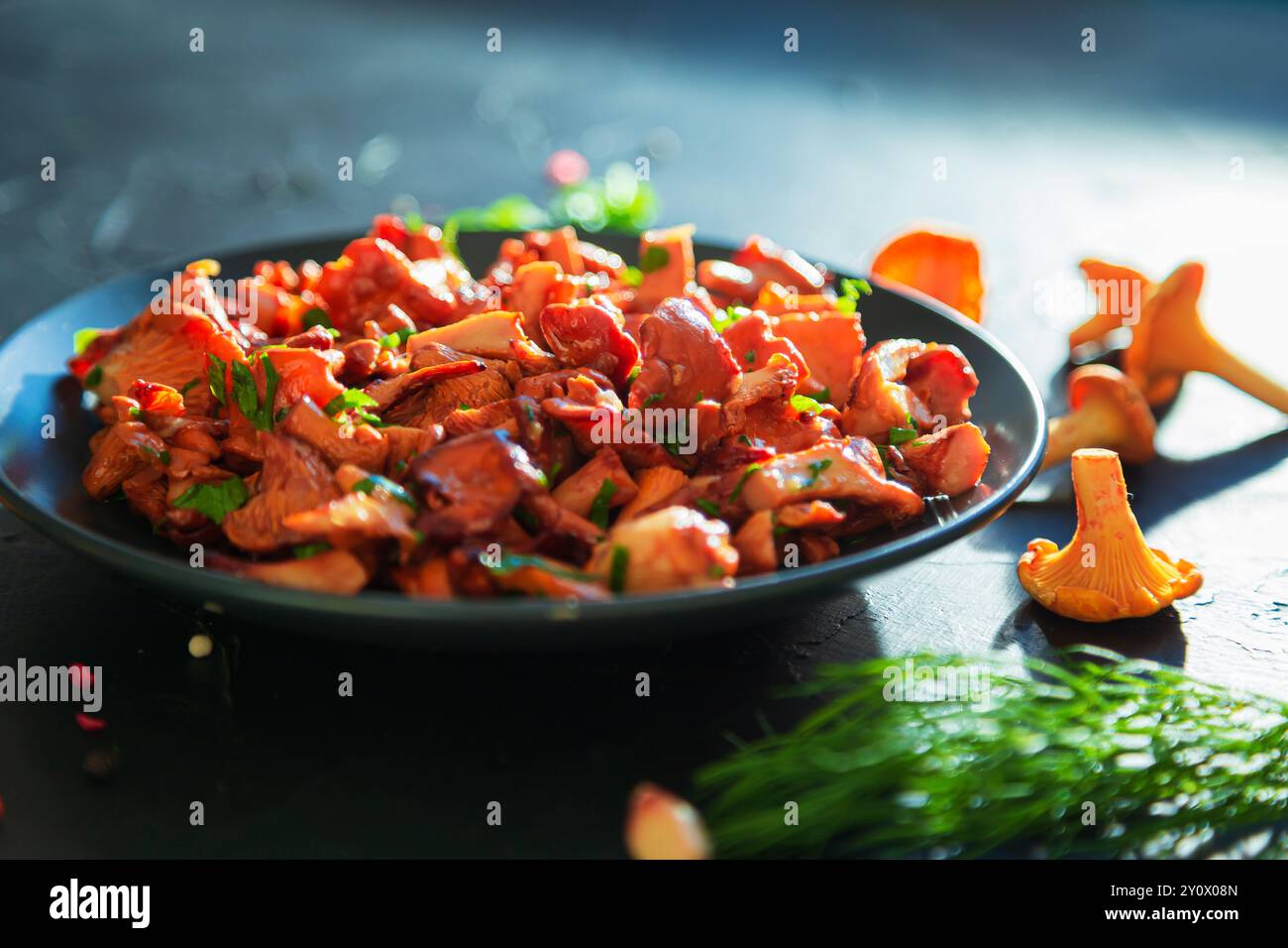 Gericht mit frittierten Pfifferlingen, Kräutern und Gewürzen auf schwarzem Schieferbrett. Hintergrund zu Lebensmitteln. Stockfoto