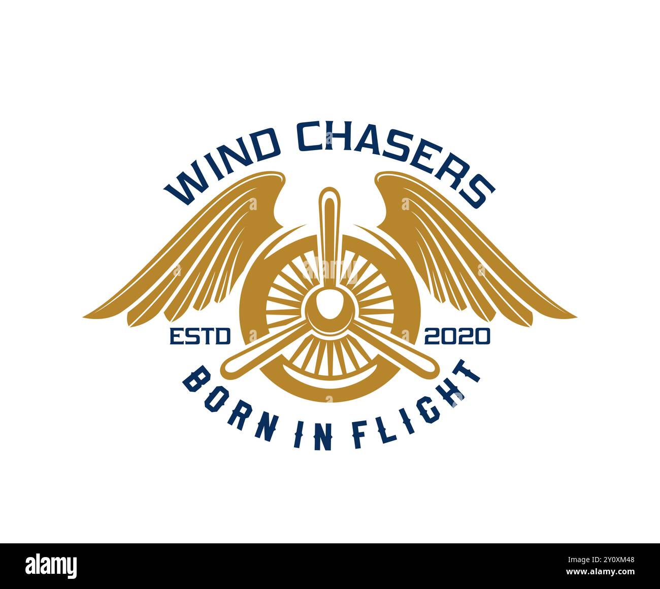 Flugzeug- und Flugzeugsymbol oder Luftfahrtabzeichen für Piloten oder Piloten, Vektoremblem. Flugzeugpropeller mit Adlervogelflügeln, Windjäger geboren in Flugzitat für T-Shirt-Print, Luft- oder Luftfahrtakademie Stock Vektor