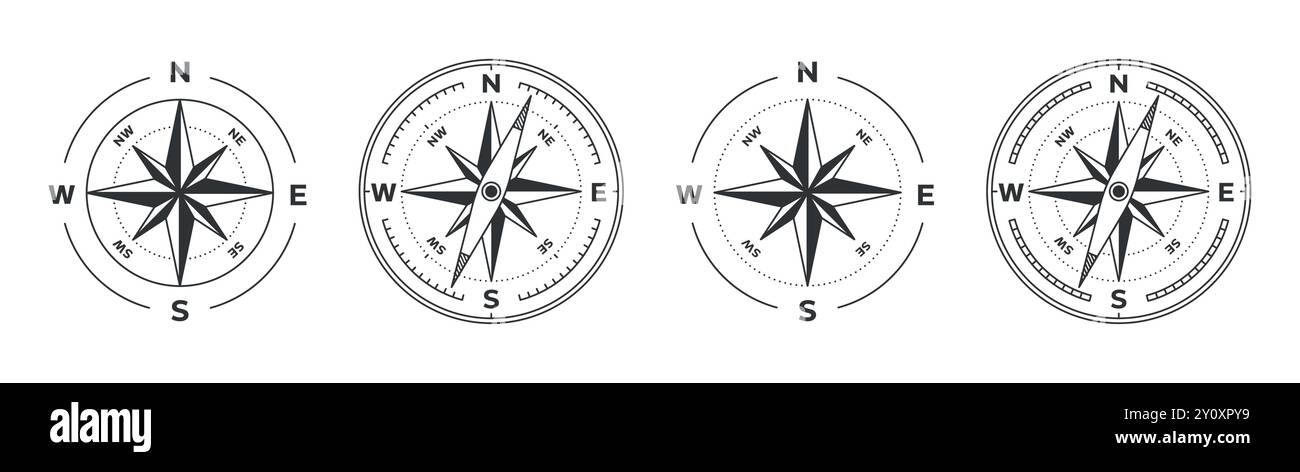 Wind Rose Kompass Navigation Vektor Illustration auf weißem Hintergrund schwarze Symbolgruppe, Nord, Süd, Ost, West Stock Vektor