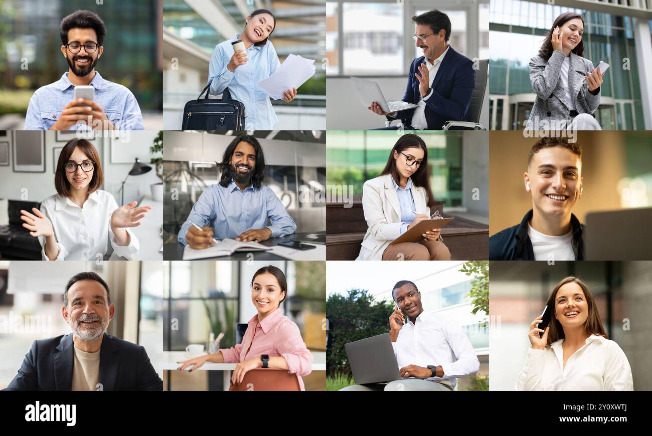 Vielfältige Gruppe von Fachleuten, die an virtuellen Besprechungen im Büro teilnehmen Stockfoto