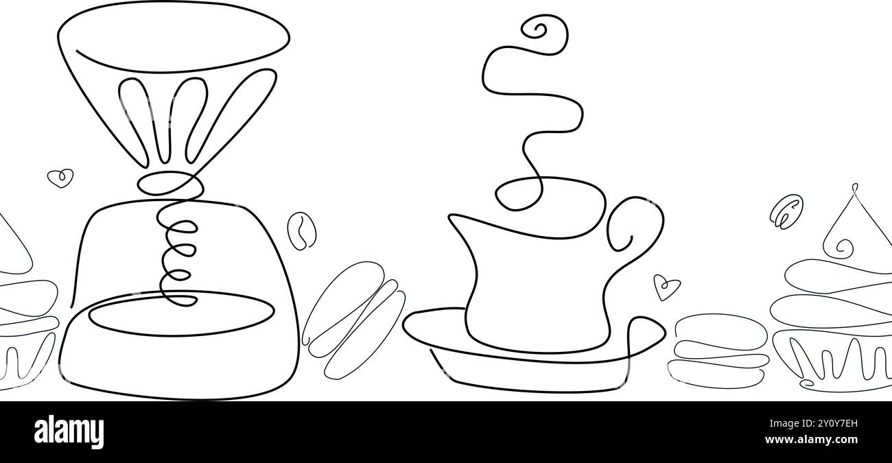 Kaffeetasse, Wasserkocher und Aromabohnen. Abstrakter Linienvektorrahmen auf weißem Hintergrund. Grafikdesign für Café und Café Stock Vektor
