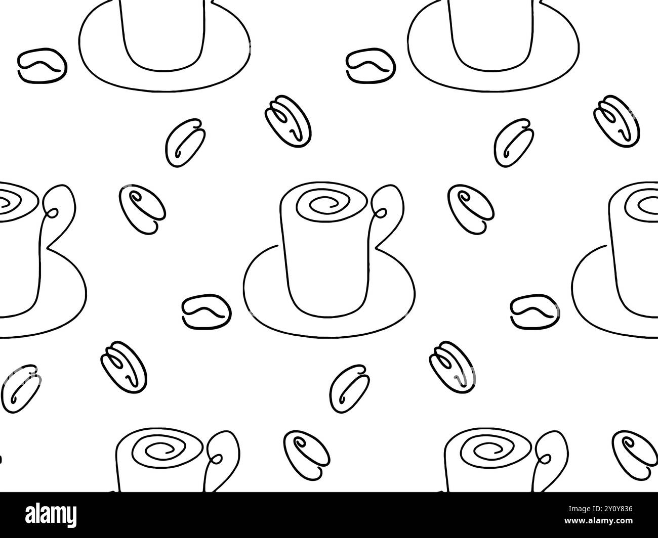 Nahtloses Muster von Linien-Symbolen wie Kaffeebohnen, Tassen, Donuts, Croissants, Cezve, Coffee To Go, Verpackung oder Stoffbezug Stock Vektor